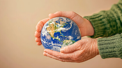 Wall Mural - Generational hands holding Earth symbolizing environmental responsibility and legacy