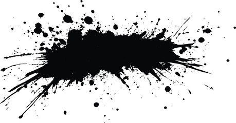 Aufkleber - Black ink Splatter, black paint, ink brush strokes, brushes, lines, grungy. Black inked splatter dirt stain splattered spray splash with drops blots. White background. 