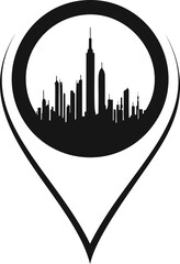 Poster - Black city skyline inside a location pin symbol, symbolic design. Vector illustration