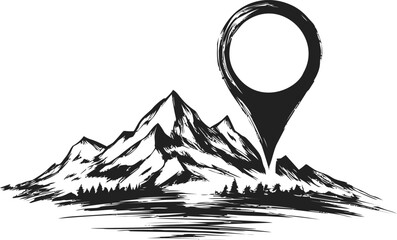 Poster - Monochrome mountain landscape with location pin showing navigation concept. Vector illustration