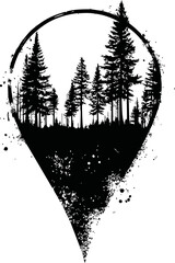 Poster - Silhouette of trees forming a location pin with artistic splatter design. Vector illustration