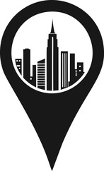 Poster - Black cityscape icon inside a map pinpoint symbol,. Vector illustration