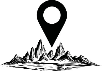 Poster - Location pin above sketch of mountains in black and white illustration. Vector illustration