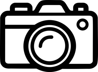 Poster - Black and white camera icon with simple lines on a plain background. Vector illustration