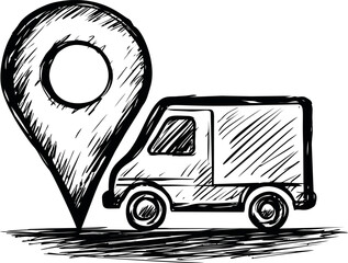 Poster - Sketch of a delivery truck with location pin in black and white illustration. Vector illustration