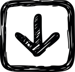Poster - Black hand-drawn down arrow icon with square frame, simple sketch. Vector illustration