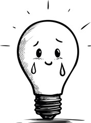 Poster - Sad cartoon light bulb with teardrops in monochrome illustration, emotional art. Vector illustration