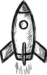 Poster - Black and white sketch of a rocket taking off with doodle style shading. Vector illustration