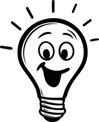 Poster - Smiling light bulb cartoon in black and white, symbol of creativity and ideas. Vector illustration