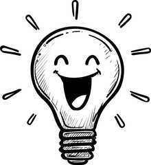 Poster - Happy cartoon light bulb sketch with a smiling face and radiating lines. Vector illustration