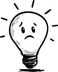 Poster - Sad light bulb with expressive face and black lines, illustration of emotion. Vector illustration