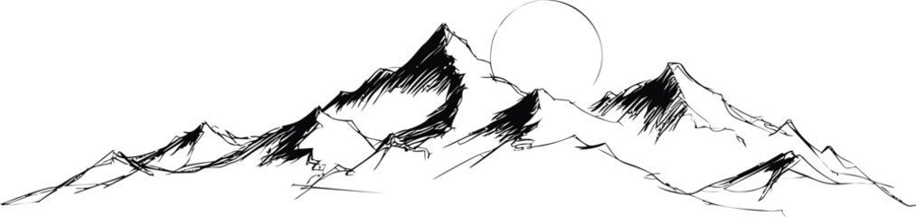 Wall Mural - monochrome sketch of mountain range with sun rising in the background. vector illustration