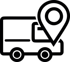 Poster - Black and white delivery truck icon with location pin symbolizing navigation. Vector illustration