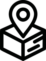 Poster - Black and white icon of a location pin on a box symbolizing delivery. Vector illustration