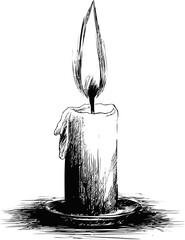 Poster - Black and white sketch of a burning candle with a melting wax detail. Vector illustration
