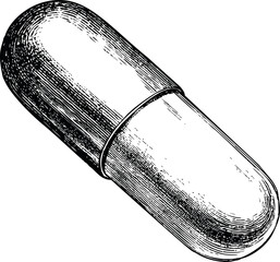 Poster - Hand-drawn black and white illustration of a detailed medicine capsule. Vector illustration
