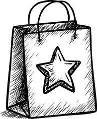 Aufkleber - Hand-drawn shopping bag with star emblem in black and white illustration style. Vector illustration
