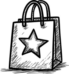 Aufkleber - Black and white sketch of a shopping bag with a star icon motif. Vector illustration