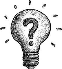Poster - Sketch of a light bulb with a question mark drawn in black ink on white. Vector illustration