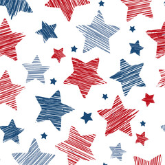 Poster - Red and blue sketched stars, seamless patriotic pattern. Vector illustration