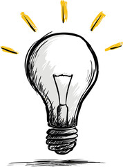Poster - Sketch of a light bulb with yellow accent strokes, symbolizing new ideas. Vector illustration