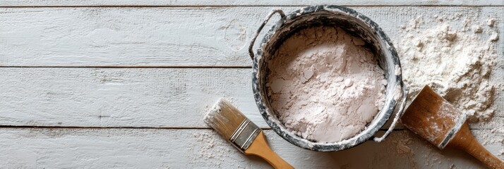 Poster - Flatlay of Trowel and Plaster Bucket on Plywood Sheet With Soft Light Showcasing Plastering Tools and Materials