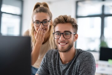 Aufkleber - Smiling Colleagues Working Together on a Computer in Modern Office, Illustrating Teamwork and Workplace Collaboration, Ideal for Corporate Communications : Generative AI