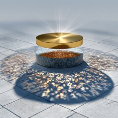 Fototapete - Golden Disc on Marble Pedestal with Light Rays and Reflections on Tiled Surface - Abstract Still Life