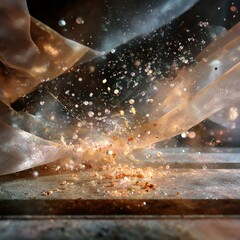 Leinwandbilder - Golden Elegance: Ethereal Fabric and Glittering Particles Creating a Mesmerizing Visual Display on a Rustic Surface