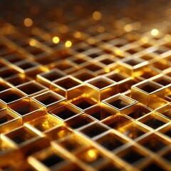 Leinwandbilder - Golden Grid: Abstract Geometric Pattern with Bokeh Lights, Shining with Warm Tones and Intricate Detail