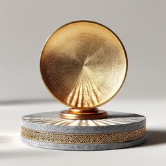 Poster - Golden Orb on a Stone Pedestal: A Study in Light and Material, Featuring Ornate Detailing and a Polished Finish