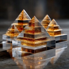 Aufkleber - Golden Pyramid Ensemble: A Study in Geometry, Light, and Reflection on Textured Surface.