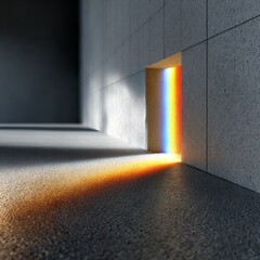 Aufkleber - Illuminated Portal: A Rainbow of Light Shines Through an Opening in a Concrete Wall into a Dimly Lit Space.