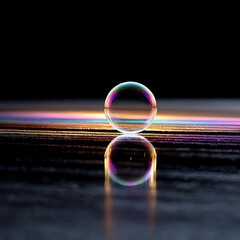 Aufkleber - Soap Bubble Reflecting Light and Colors on a Wet Surface, Against a Dark Background.