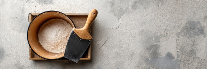 Aufkleber - Plaster Work Tools Flatlay on Plywood With Soft Light Highlighting Trowel and Bucket