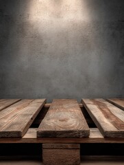 Aufkleber - Wooden Planks Arranged on a Pallet With Neutral Overhead Lighting and an Empty Right Section