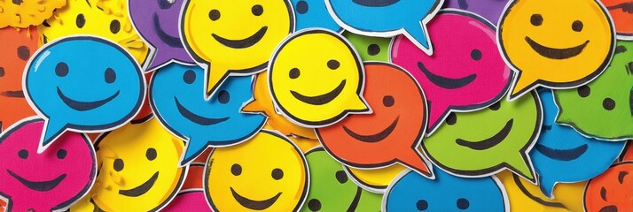 Fototapete - Bright Smiley Face Stickers Featuring Speech Bubbles in Vibrant Colors for Cheerful Communication and Fun Engagement