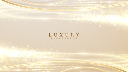 Wall Mural - Luxury cream abstract background with elegant golden curves decorated with sparkling light effects and glittering stars.