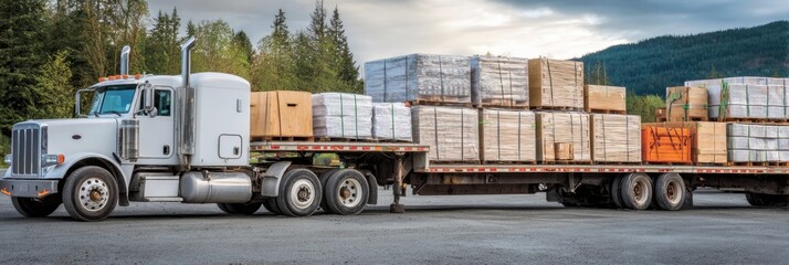 Poster - Construction Supplies Loaded on Truck Cab and Trailer Parked in a Clearing Surrounded by Forest During Daylight