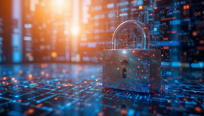 Cybersecurity concept with padlock over digital data background