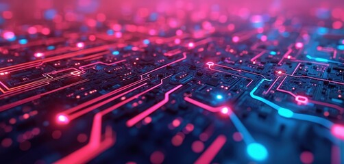 Digital illustration futuristic circuit board. Neon lights, abstract design in vibrant colors. Technology, innovation concept. Perfect background for modern tech presentations, digital art, data