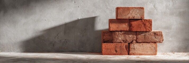 Fototapete - Stack of Red Bricks Casting Shadow on Clean Concrete Background in Bright Lighting Environment
