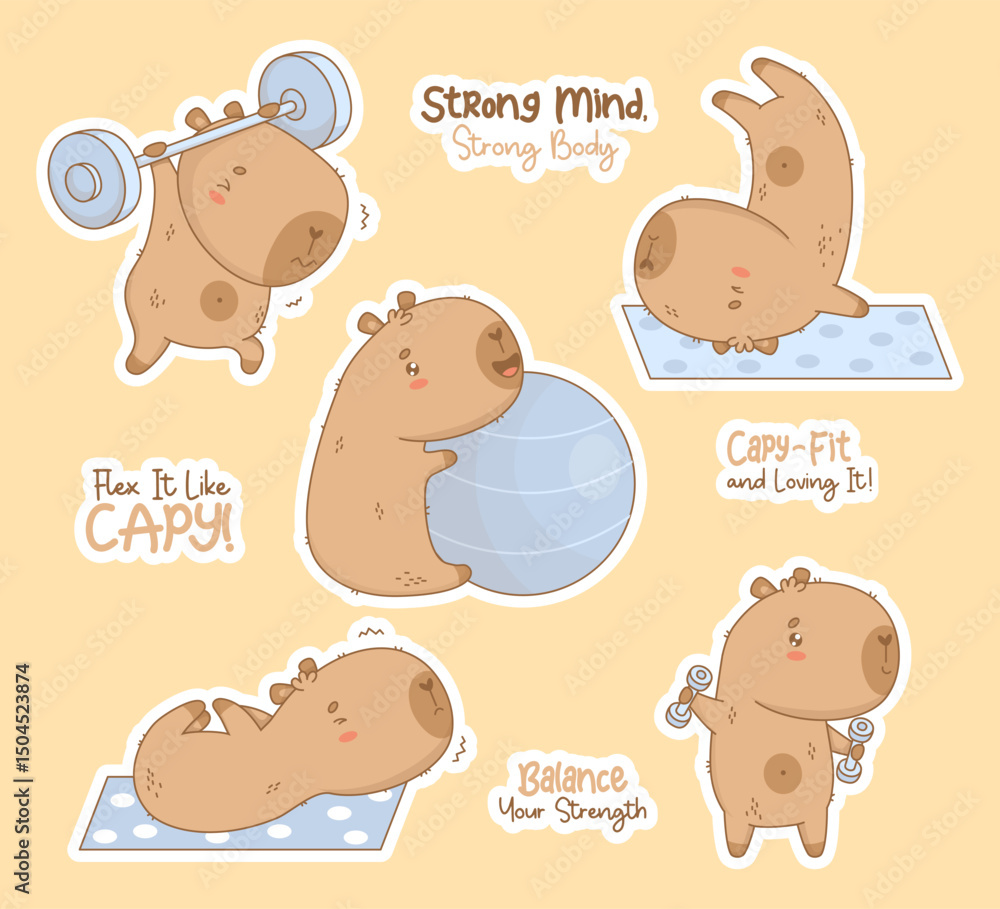 Cute capybara sportsman stickers. Funny kawaii animal plays sports with  dumbbells and barbell and fitness, yoga with motivational quote. Vector  illustration. isolated athlete character Stock Vector | Adobe Stock, image size:1000x909