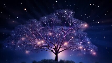 Wall Mural - Tree in dark magical background with glowing purple lights