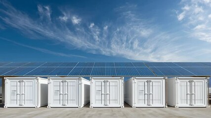 Solar panel array with battery storage containers under blue sky, representing renewable energy power generation and energy storage solution.