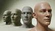 © Ella - Progression of 3D head models in a row, from clay-like sculpt to hyper-realistic texture. Digital modeling concept showing stages of detail and rendering.