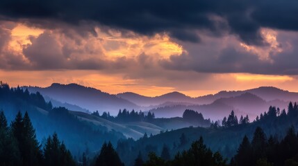 Wall Mural - serene sunset over misty mountains with layered hills and dramatic clouds in the background