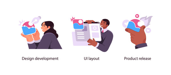 Illustration set showing stages of product development: visual design, interface layout planning, and final product launch.