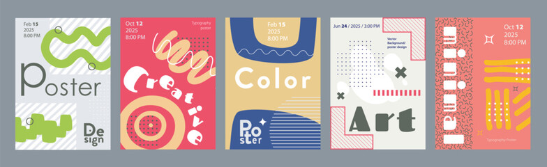 Poster - Minimalism geometric poster cover set. A4 banners with brutalism elements, colourful curve and wave form, abstract figures and patterns. Modernism art design with Y2K aesthetics. Vector illustration.