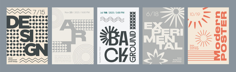 Poster - Minimalism geometric poster cover set. A4 banners with brutalism forms, different prints shapes, abstract line patterns, calm colours. Modernism art design with Y2K aesthetics. Vector illustration.